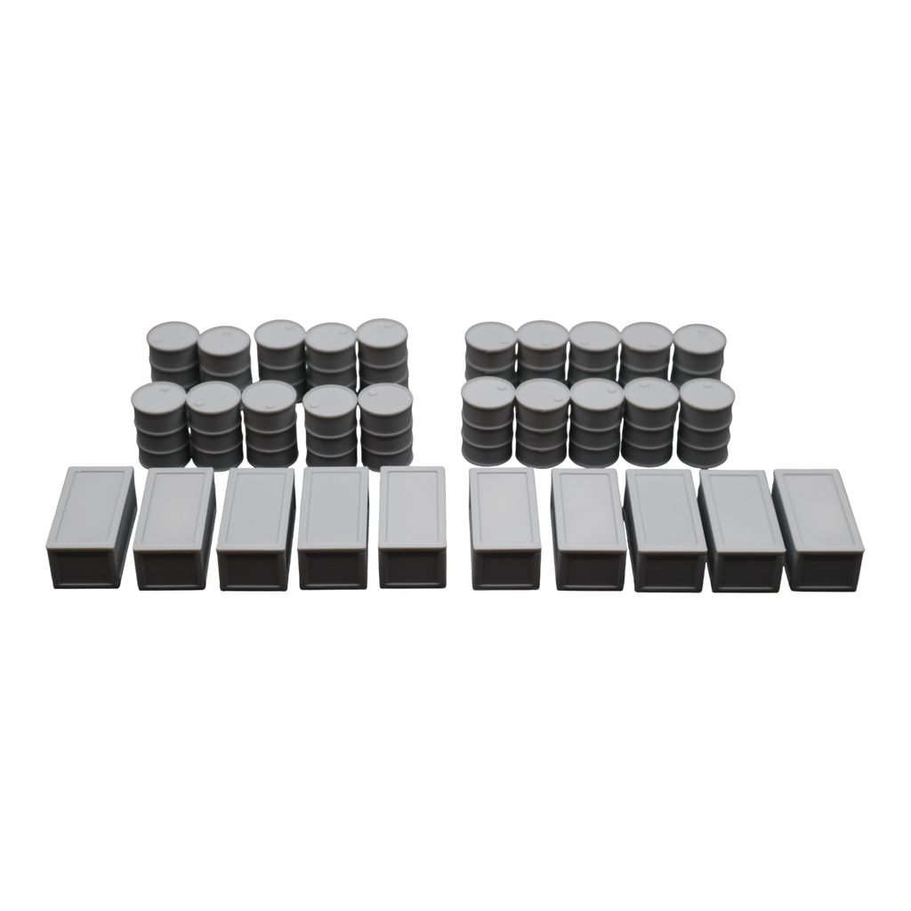 Oil Barrels x20 + Crates x10 - 28mm Wargaming Scatter Terrain Scenery Tabletop