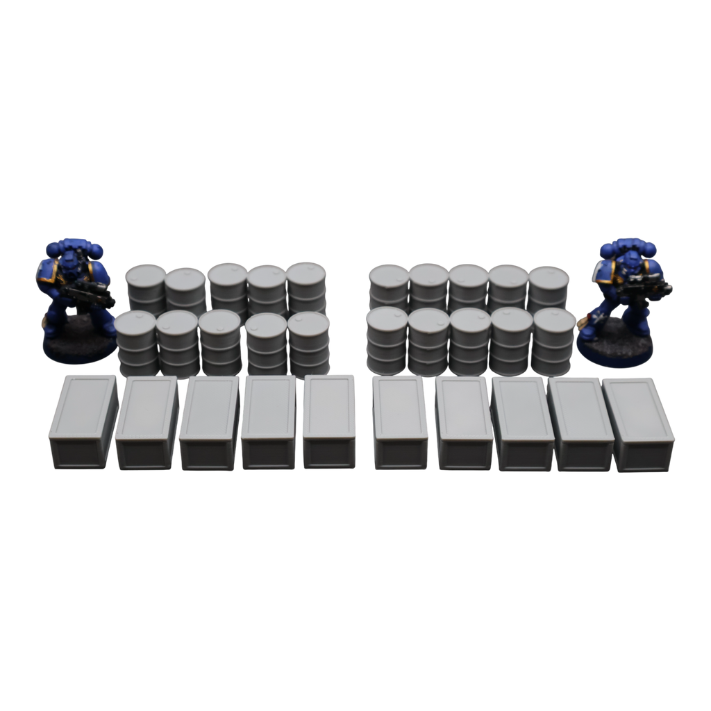 Oil Barrels x20 + Crates x10 - 28mm Wargaming Scatter Terrain Scenery Tabletop