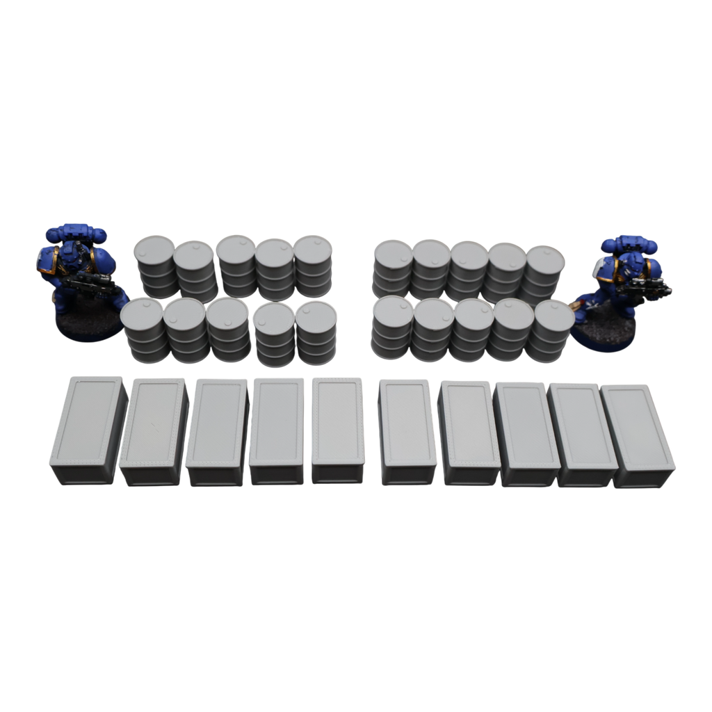 Oil Barrels x20 + Crates x10 - 28mm Wargaming Scatter Terrain Scenery Tabletop