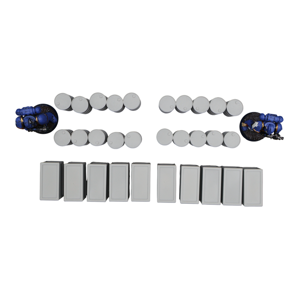 Oil Barrels x20 + Crates x10 - 28mm Wargaming Scatter Terrain Scenery Tabletop