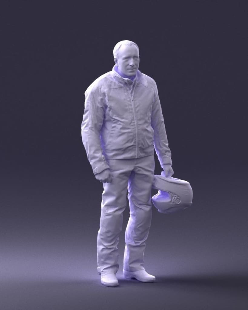 MM037 Pensioner Motorcyclist in Leathers and Holding Helmet