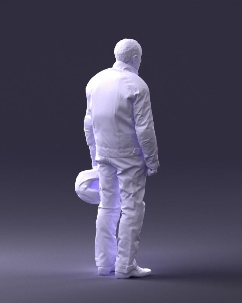 MM037 Pensioner Motorcyclist in Leathers and Holding Helmet